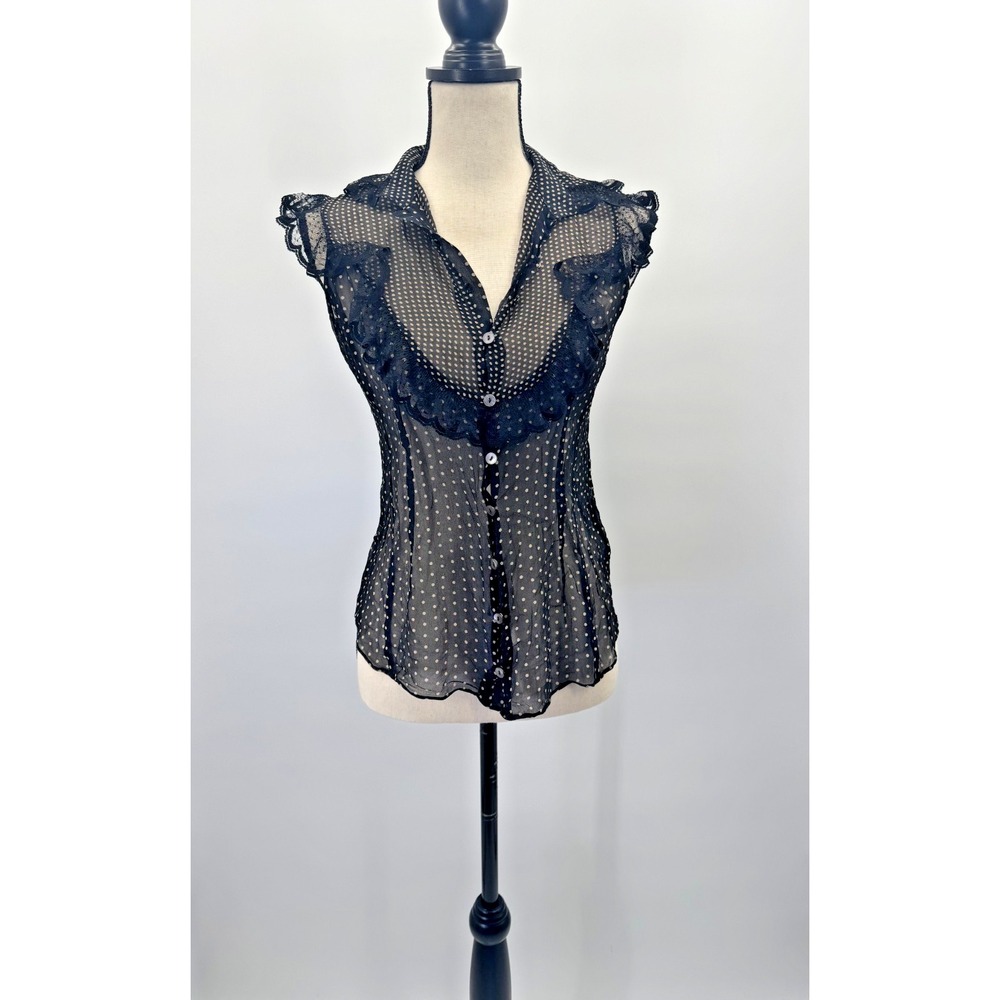 VTG Laundry Shelli Segal Silk Lace Polka Dot Sheer Top Small Coquette Rockabilly - Picture 2 of 16